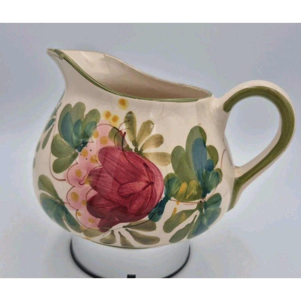 Vintage Hand Painted in Portugal Art Pottery Water Pitcher Mauve Pink Flower
